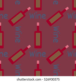 Bottle of wine on plain background. The word "wine". Green with red on the bordo background. Seamless. Pattern. Illustration. Vector eps 10.