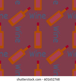 Bottle of wine on plain background. The word "wine". Seamless. Pattern. Illustration. Vector