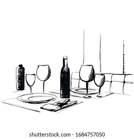 Bottle of wine on table. Glass. drink. sketch