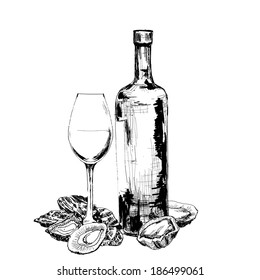 Bottle of wine, oysters and glass. Hand drawn illustration