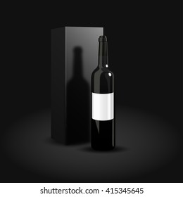 Bottle of wine packaging design. A luxury presentation of red wine. Vector illustration. Dark bottle of wine on black background