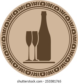 Bottle of wine and pair of glasses into decorative round frame