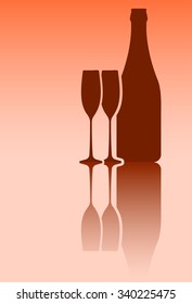 Bottle of wine and pair of glasses in red tones with mirror reflection 