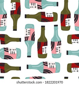 Bottle of Wine pattern. Hand drawn colored vector seamless pattern
