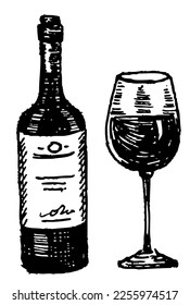 Una botella de vino. Dibujo de lápiz para el menú. Colores. Esbozo