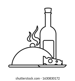 bottle wine with piece of cheese and tray server on white background vector illustration design