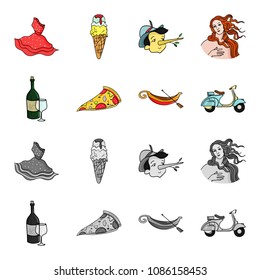 A bottle of wine, a piece of pizza, a gundola, a scooter. Italy set collection icons in cartoon,monochrome style vector symbol stock illustration web.