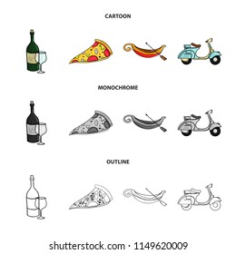 A bottle of wine, a piece of pizza, a gundola, a scooter. Italy set collection icons in cartoon,outline,monochrome style vector symbol stock illustration web.
