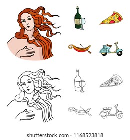A bottle of wine, a piece of pizza, a gundola, a scooter. Italy set collection icons in cartoon,outline style vector symbol stock illustration web.