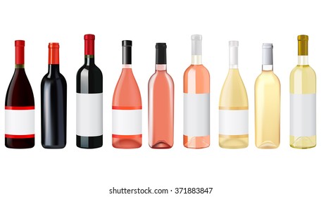 Bottle Of Wine. Red, White And Rose. Vector Illustration Isolated On White Background