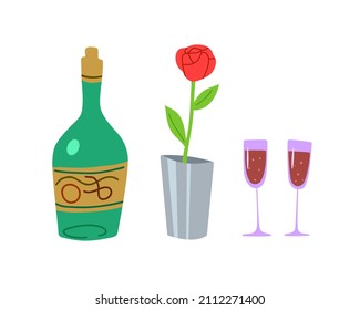 A bottle of wine, a rose in a vase and two glasses in a trendy abstract style. Flat hand-drawn illustration for restaurants, menus, postcards posters. isolated on white background. Vector