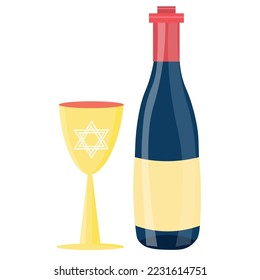 Bottle of wine and sacramental goblet with David star on white b