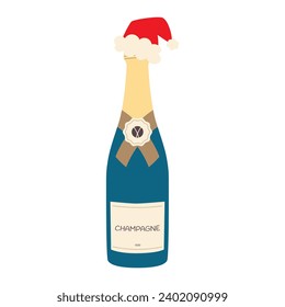 Bottle of wine in Santa's hat. Christmas champagne. Vector illustration