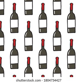 bottle of wine seamless doodle pattern, vector illustration