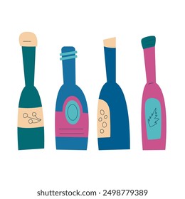 Bottle of wine set. Alcohol beverage. Vector hand drawn illustration isolated on white background.