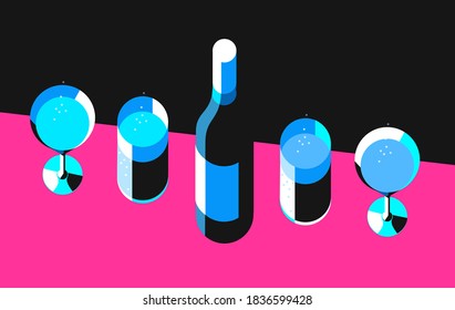 Bottle of wine and set of cocktail glasses, pink table, top view. Vector illustration