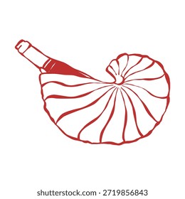 A bottle of wine in a shell. Hand-drawn line sketch, doodle, coastal seascape illustration. Vector outline illustration for weddings and celebrations in a nautical vintage style