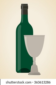 bottle of wine with silver wine cup for jewish kiddush