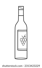 A bottle of wine.  Sketch outline icon of  bottle with a drink and a label with grapes. Isolated vector illustration in doodle line style.
