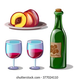 A bottle of wine. Sliced peaches isolated on a white background. Cartoon vector close-up illustration.