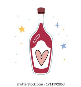 Una botella de vino. Beber suave. Dibujar mano con un corazón una botella hermosa. Día de San Valentín. Imagen de estilo plano para impresión.