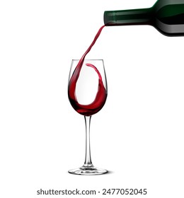 A bottle of wine, a stream of wine and a glass on a white background. Vector illustration