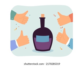 Bottle of wine surrounded by thumbs up flat vector illustration. Alcoholic drink, celebration, party, beverage, appreciation concept for banner, website design or landing web page