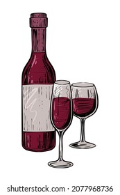 Flasche Wein mit zwei vollen Gläsern, farbige Vektorgrafik