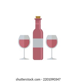 A bottle of wine and two glasses of wine. Alcohol.