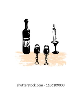 Bottle of wine, two glasses and a candle. Hand drawn sketch doodle vector illustration.