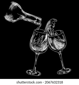 Bottle wine with two glasses, chalk hand drawn isolated on dark background. Concept for logo, menu , cards 