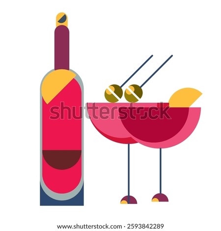 A bottle of wine and two glasses of cocktail. Art Deco style