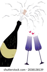 A bottle of wine and two glasses. A cork flies out of the bottle. Splashes of champagne. Two hearts with wings are flying. White background. Celebration, anniversary, romantic meeting. Valentine's Day