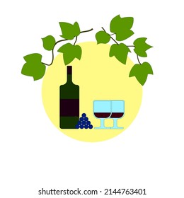 A bottle of wine and two glasses. The emblem of the wine is made in 2D style. In a circle with grape leaves.