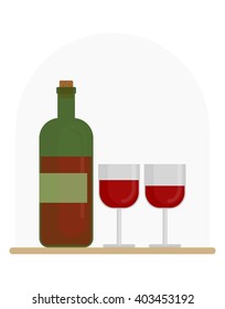 Bottle of wine and two glasses of wine glass. restaurant images. Cartoon flat vector illustration. Objects isolated on a background. 