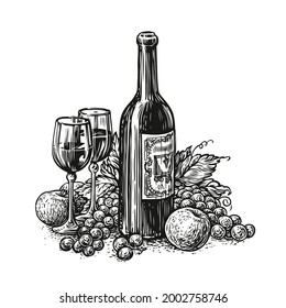 Bottle of wine with two glasses and grapes. Winery, alcoholic drink in engraving style. Sketch vector illustration