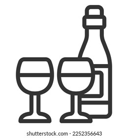 Flasche Wein und zwei Gläser - Symbol, Illustration auf weißem Hintergrund, Konturstil