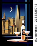 A bottle of wine and two glasses on a table against a window and night city. Handmade drawing vector illustration. Art deco style.