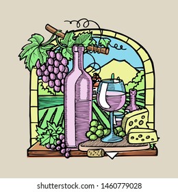 Bottle of wine, two glasses, parmesan cheese, grapes and leaves in window sketch vector illustration. Hand drawn engraving style. Banners of wine vintage background.