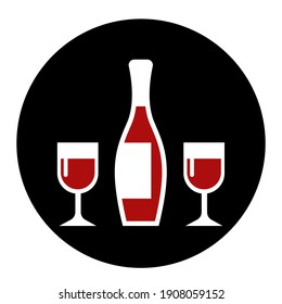 A bottle of wine with two glasses. A pleasant alcoholic drink. Black silhouette on a black round background. Vector flat illustration icon.