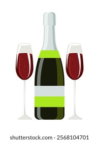 Bottle of wine and two glasses of red sparkling wine isolated on white background. Vector.