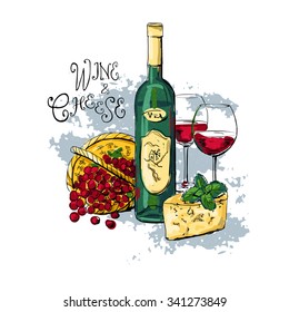bottle of wine, two glasses with red wine, cheese and grapes. vector illustration.