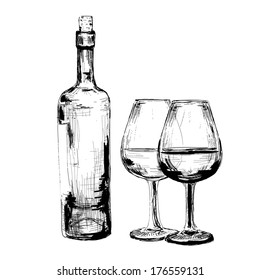 Bottle of wine and two glasses. Set of illustration