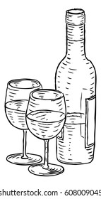 A bottle of wine and two wineglasses hand draw in a retro vintage woodcut engraved or etched style.