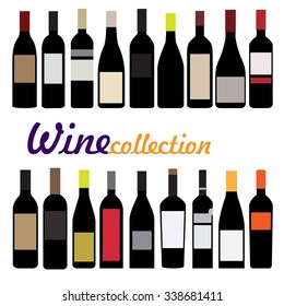 bottle wine vector illustration. collection of black bottles with color labels