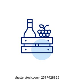 Bottle of wine and vine of grapes in wooden crate. Farmer market, eco friendly produce. Pixel perfect, editable stroke vector icon