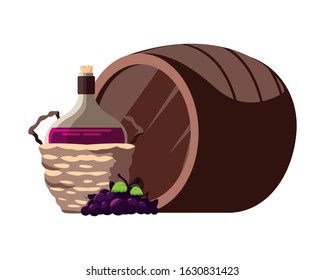 bottle of wine in wicker basket and grapes on white background vector illustration design