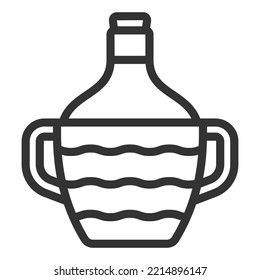 Una botella de vino en una cesta de mimbre con mangos - icono, ilustración de fondo blanco, estilo de contorno