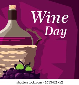 bottle of wine in wicker basket, label wine day vector illustration design