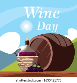 bottle of wine in wicker basket, label wine day vector illustration design